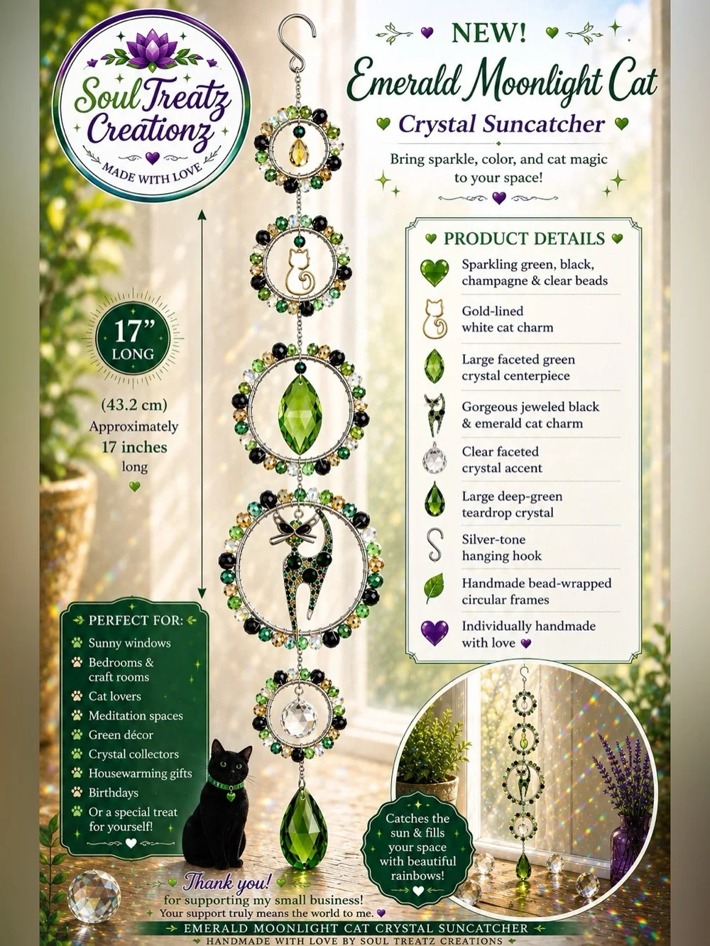 Green, Gold, Black Crystal Beaded Cat Sun Catcher